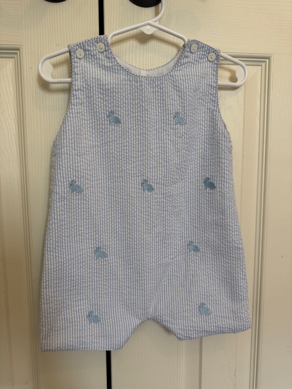 Light Blue Seersucker Baby Romper with Embroidered Bunnies